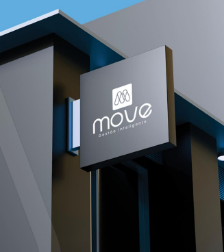 Logo da Move em placa na fachada de prédio moderno