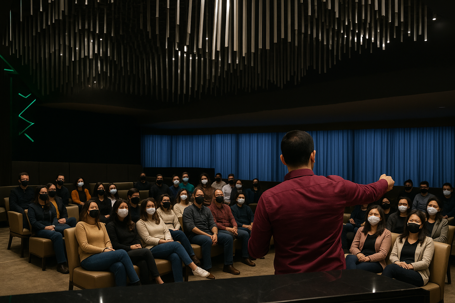 Palestrante dando treinamento para público sentado em auditório